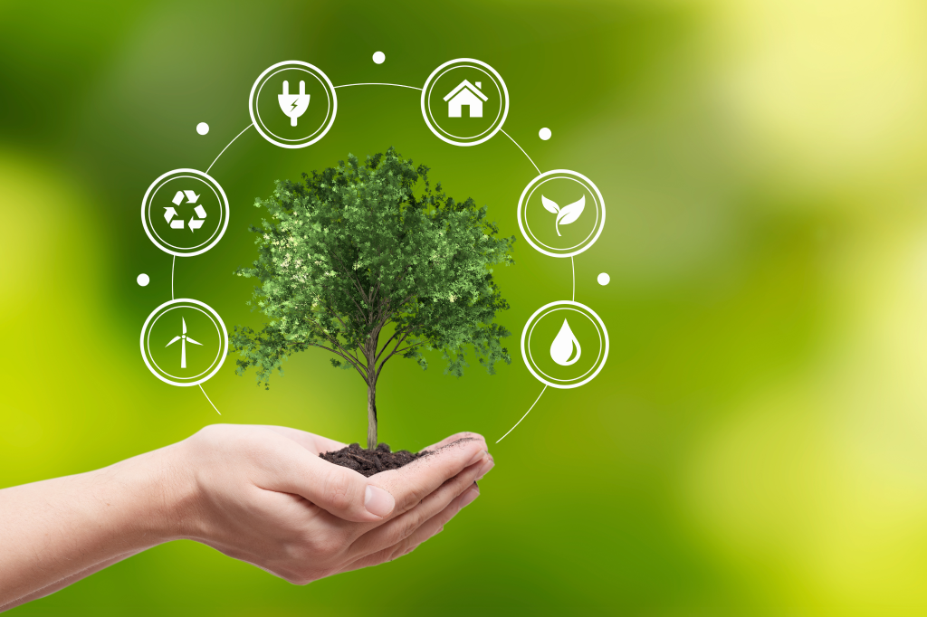 Hand hält einen Baum mit digitalen Nachhaltigkeitssymbolen außenherum