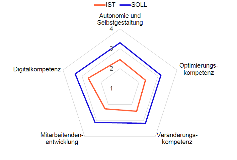 Beispielhaftes Kernkompetenzprofil aus dem Forschungsprojekt teamIn. Abgebildet sind fünf Kompetenz-Kategorien und jeweils eine IST- und eine SOLL-Ausprägung.