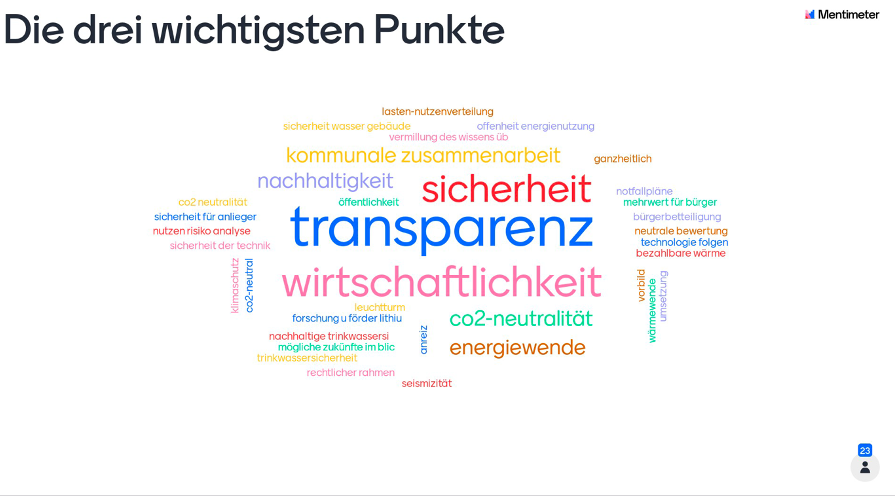 Eine Wortwolke mit Begriffen, die Workshopteilnehmenden bei der Umsetzung eines Geothermie-Projekts wichtig wären