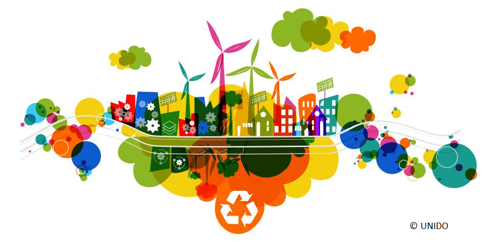 UNIDO Symbolbild nachhaltige Stadt. Darauf sind grafisch ein Recycling-Symbol, eine Stadt mit Windrädern und bunte Wolken, Zahnräder. Alles ist sehr bunt.