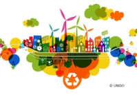 Symbolbild nachhaltige Stadt. Darauf sind grafisch ein Recycling-Symbol, eine Stadt mit Windrädern und bunte Wolken, Zahnräder. Alles ist sehr bunt.